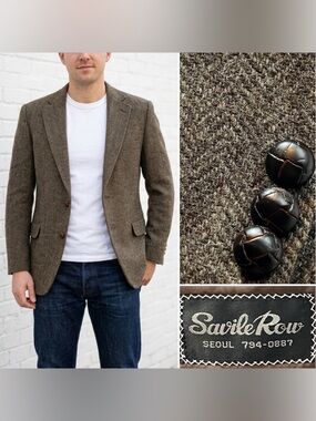 Vintage Savile Row Men’s 42R Brown Herringbone Tweed Blazer Jacket Sport Coat